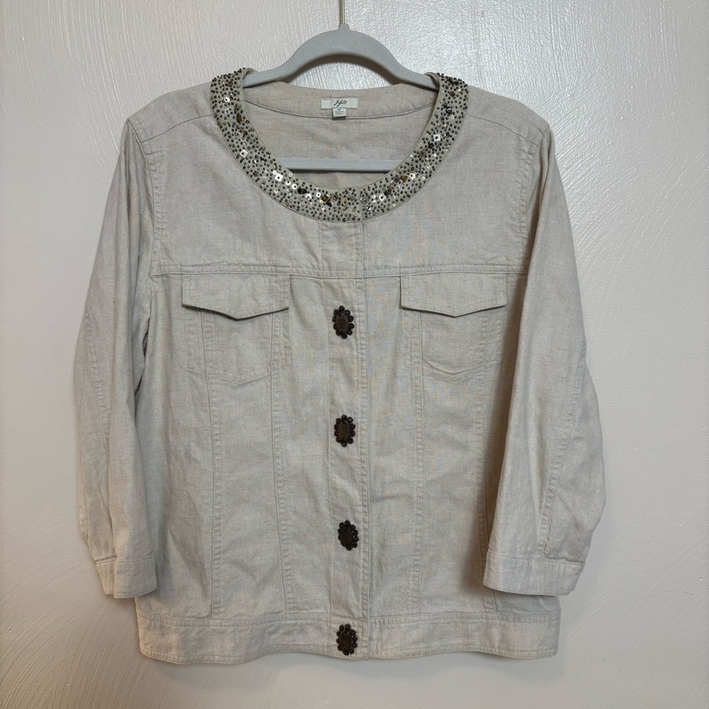 J.Jill Women’s Beige‎ Linen Cotton Beaded Collar Button Front Jacket Size M
